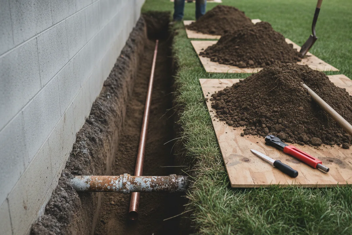 Excavated water line trench during Sewer Line Repair in Vest
